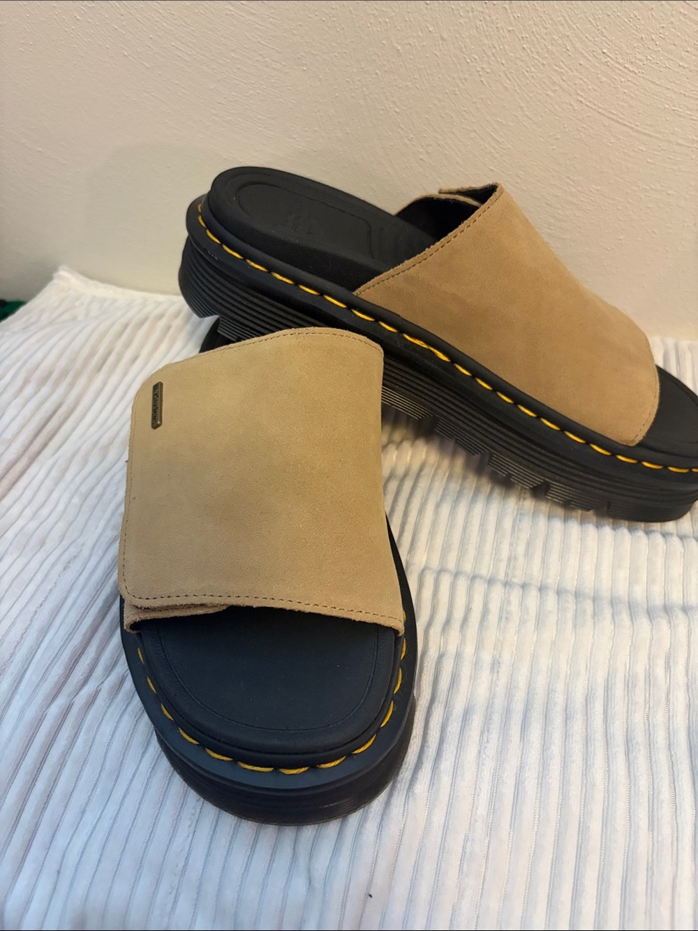 Dr. Martens Tan Suede Slide Sandals with Black Platform and Yellow Stitching